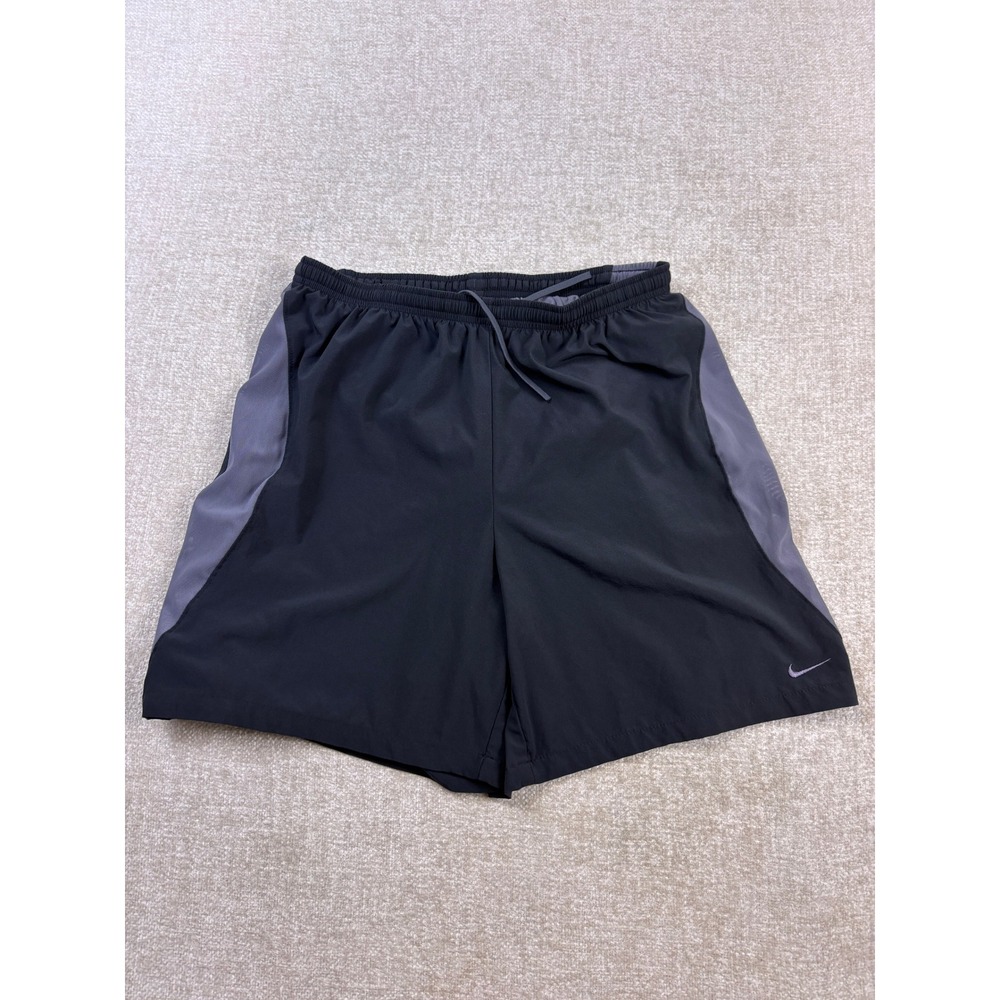 Nike Fit Dry Mens Running Shorts Black Gray Elastic Waist Drawstring Inseam 7in
